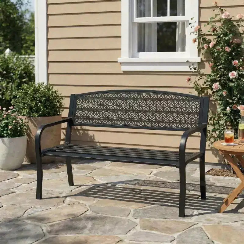 Panchina da esterno in metallo per 2 persone, panca in acciaio con schienale geometrico per patio, giardino e veranda