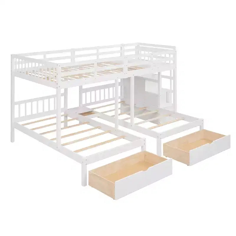 Lit superposé Whisen avec lit double au-dessus de deux lits simples, en bois, avec tiroirs et barrières de sécurité