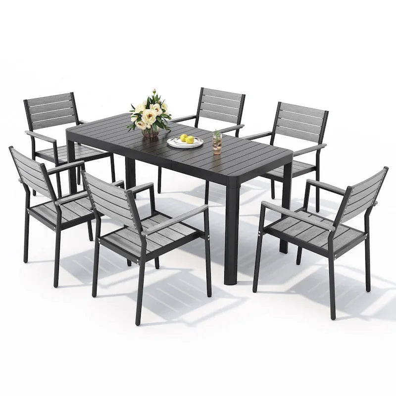 Set da pranzo da esterno in alluminio da 5/7 pezzi con sedie impilabili e tavolo allungabile