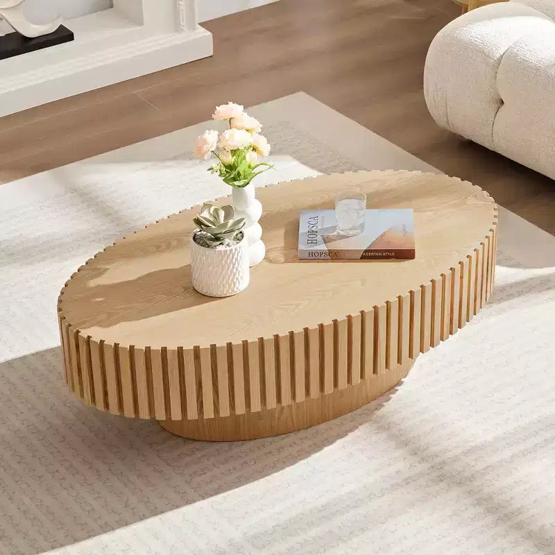 Table basse ovale/carrée minimaliste cannelée, table centrale d'appoint, frêne naturel/noyer/noir mat-ModernLuxe