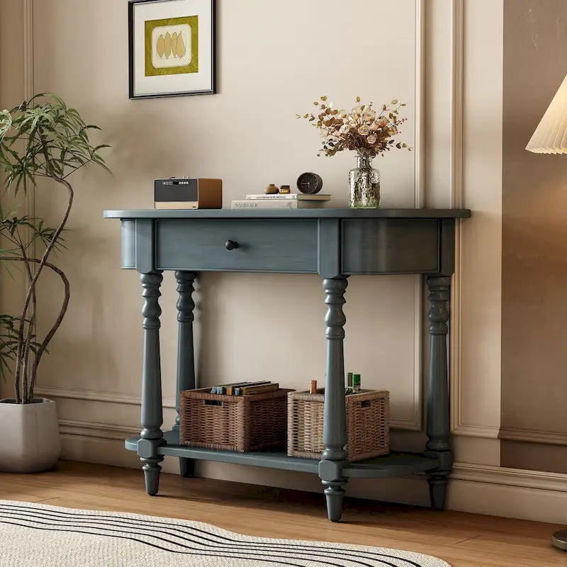 Schmaler Konsolentisch im Retro-Stil mit abgerundeten Ecken, oberer Schublade und offenem Regal
