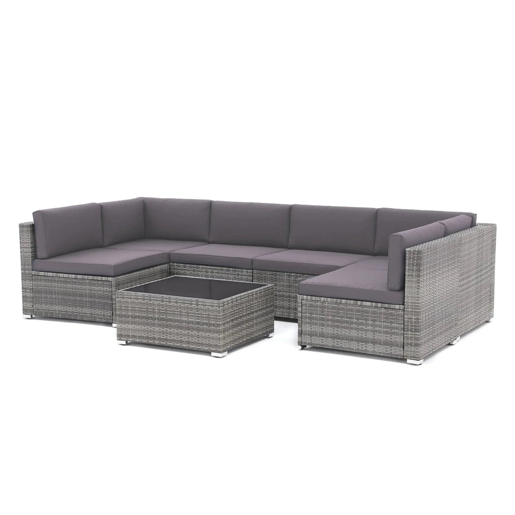 7-teiliges Outdoor-Ecksofaset aus Rattan und Stahl mit Kissen