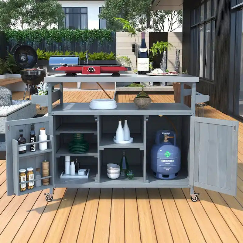 Isola da cucina per esterni, carrello bar su ruote e mobile contenitore, tavolo per griglia in legno massello con piano in acciaio inossidabile, portaspezie, portasciugamani