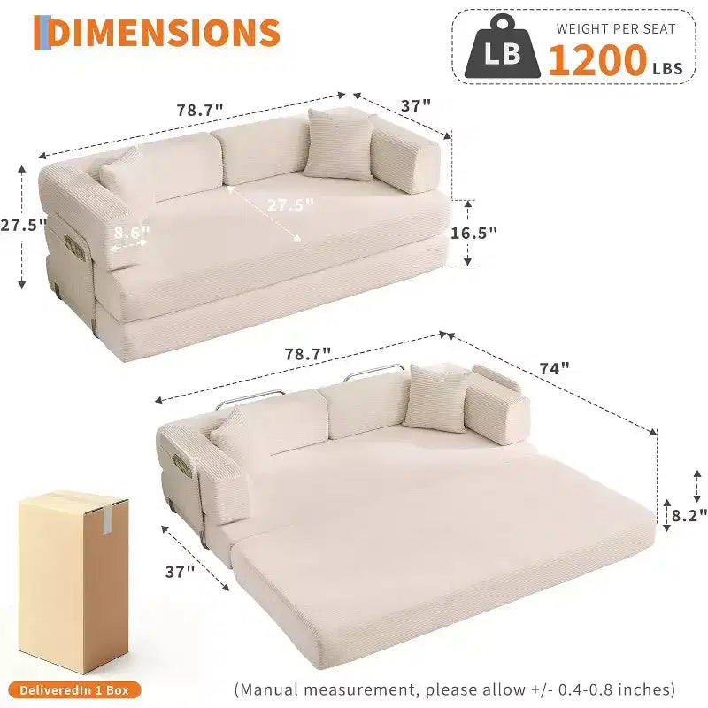 5-in-1 slaapbank, modulaire corduroy slaapbank van 78.8 met stevig frame, multifunctionele futon voor kleine ruimtes, woonkamer en logeerkamer