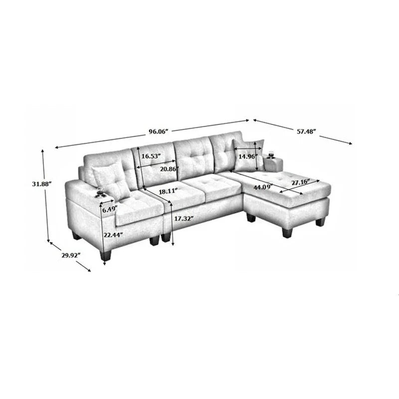 Canapé modulaire pour salon avec méridienne en forme de L et porte-gobelet