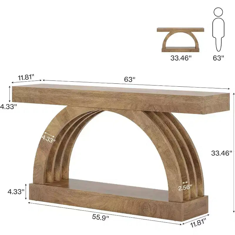 Lantine haltafel van 63 inch, banktafel met 2 niveaus voor achter de bank, smalle unieke console in boerderijstijl met boog voor de hal, woonkamer en entree, naturel