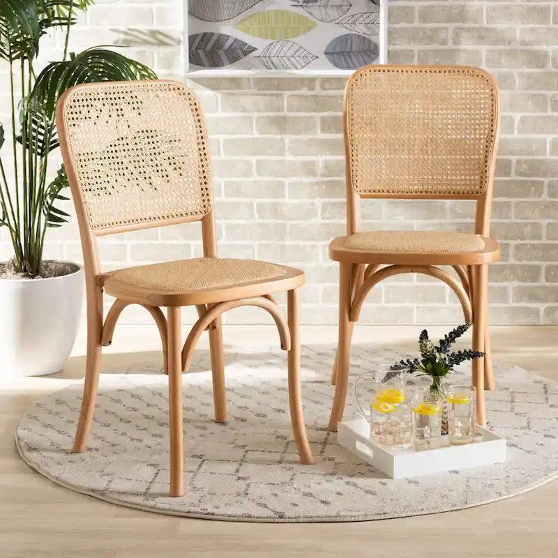 Neah, set di 2 sedie da pranzo moderne di metà secolo in legno e rattan intrecciato