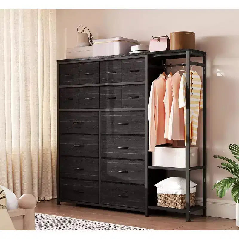 Commode avec 16 tiroirs, tringle de penderie et étagères, organisateur de rangement en tissu pour chambre, placard ou entrée