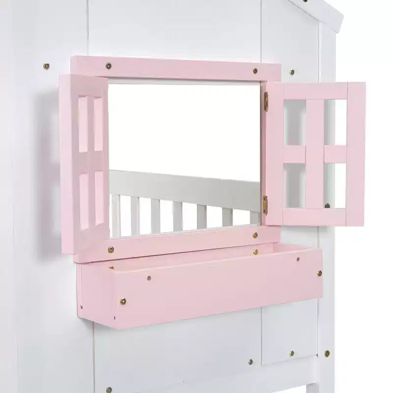 Letto a soppalco a forma di casetta per letto singolo, in legno, con scala e sponde di protezione per bambini