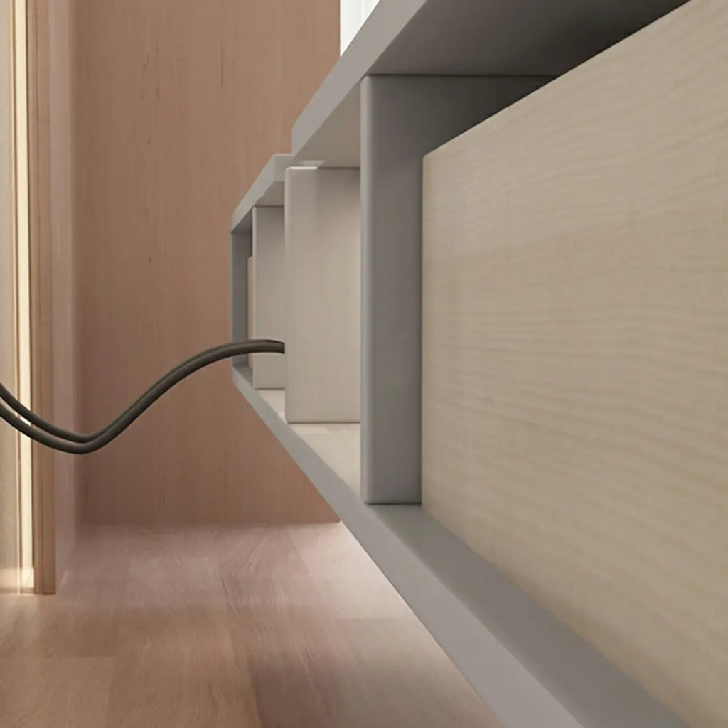 Meuble TV suspendu contemporain, long, en bois blanc, avec tiroirs
