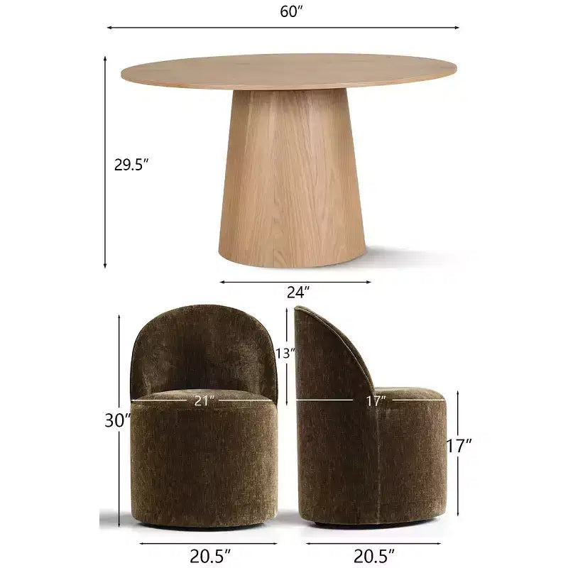 Moderne eethoek voor 6 personen, ronde eettafel met centrale voet, draaibare kuipstoelen op wieltjes, chenillestof met structuur - Panipeachy