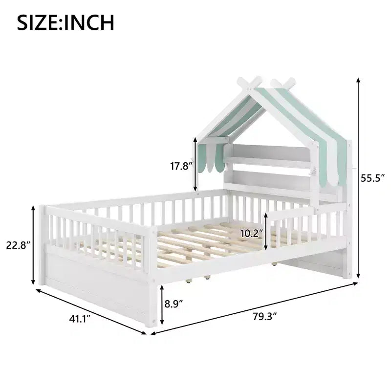 ModernLuxe houten huisbed in twin-/full-size met opbergvak in het hoofdbord, bedframe van massief grenenhout voor kinderen met veiligheidsleuningen