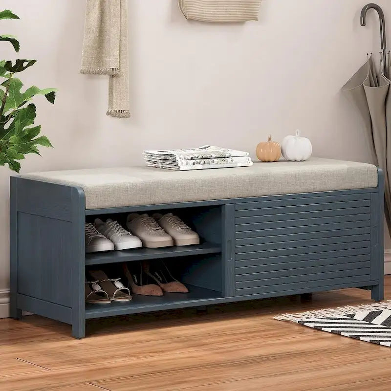 Banc de rangement en bois massif de 43.30 pouces avec persiennes vieillies contemporaines