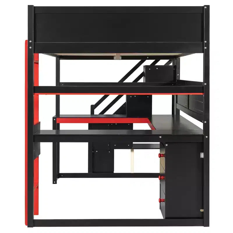 GDFStudio Scott Gaming-Hochbett aus Holz mit Aufbewahrungstreppen, Schreibtisch, Regalen und Lochwand