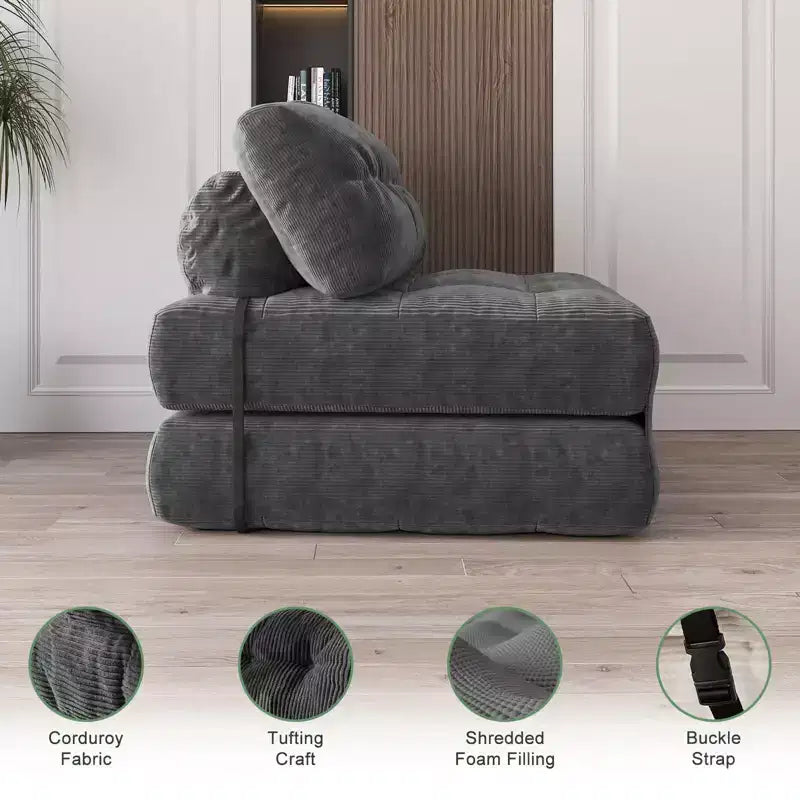 Futon pliant convertible en lit, format deux places, en velours côtelé, fauteuil-lit de sol avec coussin et soutien dorsal
