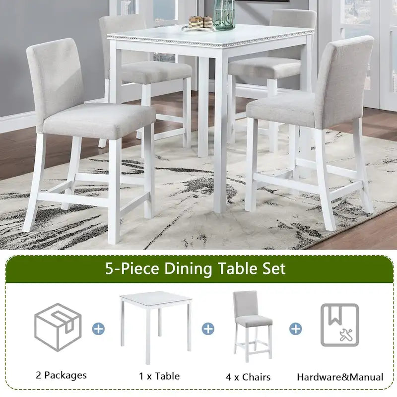 Set da pranzo moderno da 5 pezzi con tavolo quadrato da bar e 4 sedie imbottite
