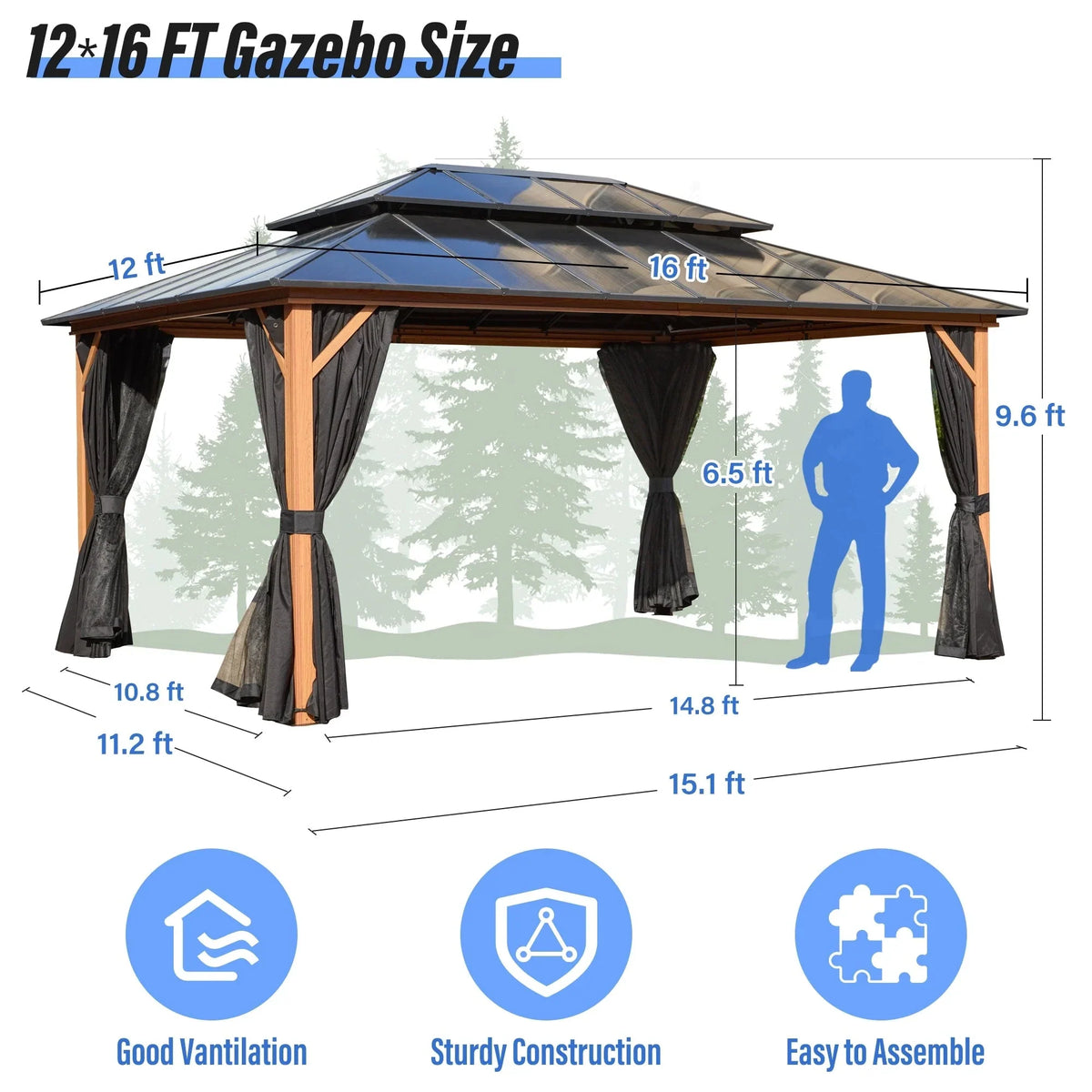 Gazebo EROMMY con tetto rigido, pergola da esterno con doppio tetto, rete e tende, copertura robusta per patio, giardino e feste in piscina