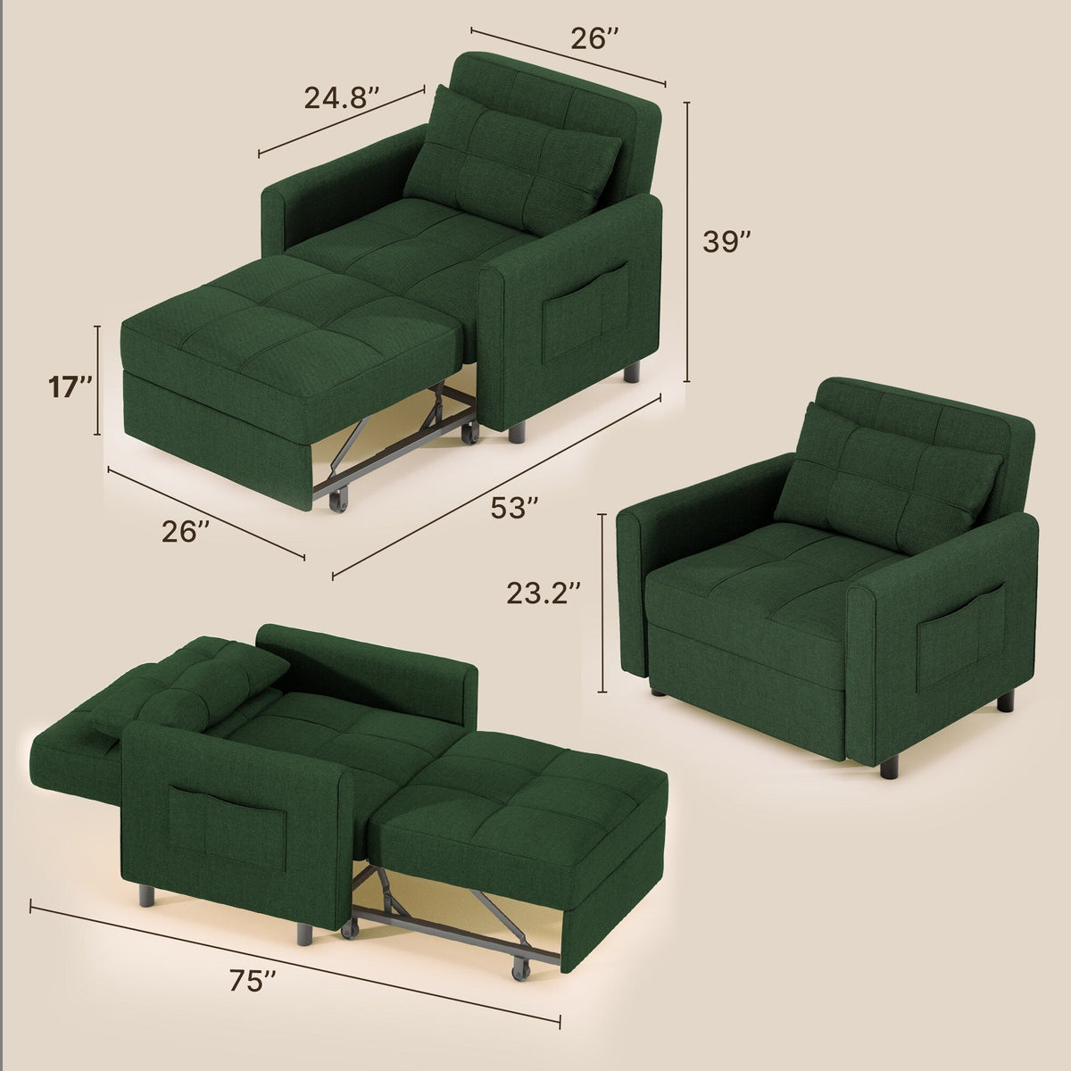Divano letto trasformabile 3 in 1 con schienale regolabile, poltrona-divano estraibile, letto pieghevole convertibile per soggiorno