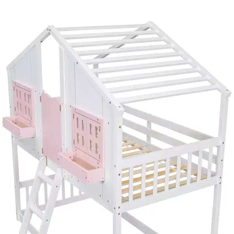 Letto a soppalco a forma di casetta per letto singolo, in legno, con scala e sponde di protezione per bambini