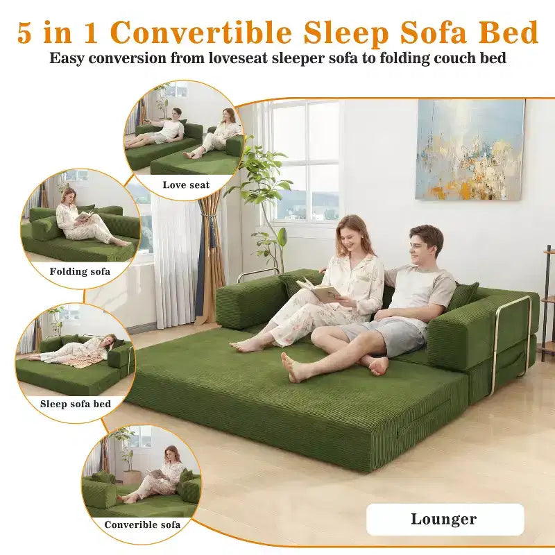 Dyonery canapé-lit pliant 78 en velours côtelé, convertible en lit, format king size, couchage au sol, canapé modulable 4-en-1 à combiner soi-même, confortable et dépliable.