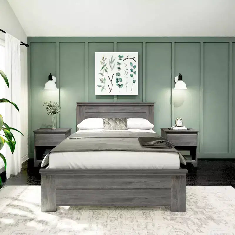 Plank+Beam landelijke bedframe in tweepersoonsformaat met hoofdbord, platformbed van massief hout