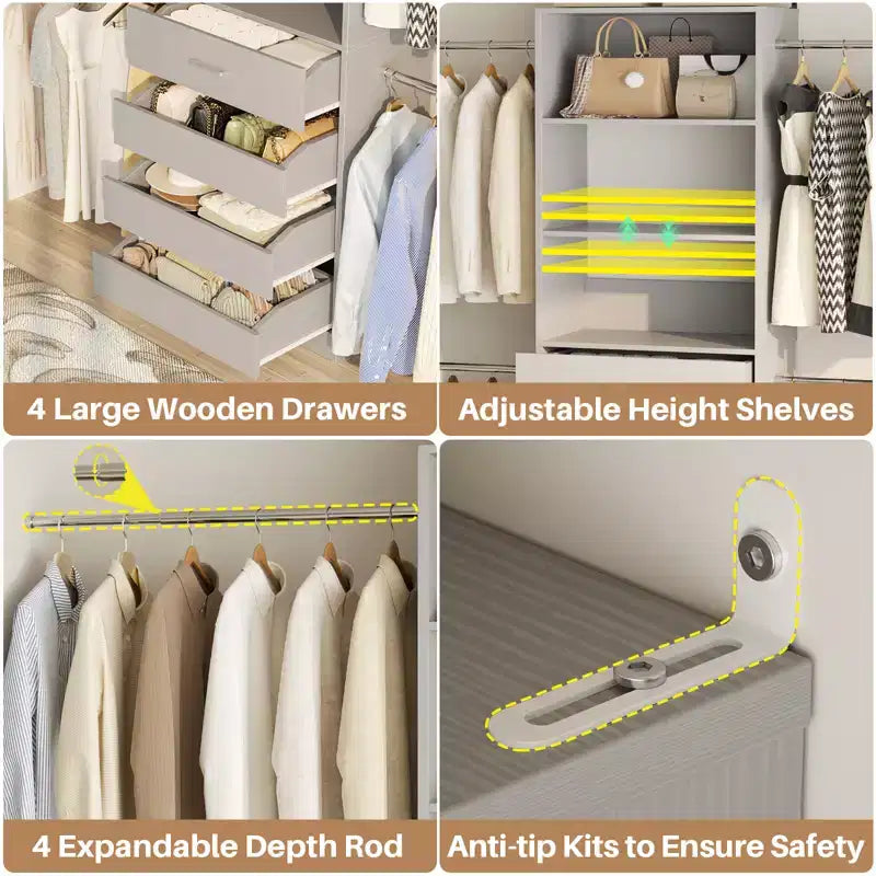 Système d'aménagement de dressing en bois Besiost de 4 à 9 pi avec 4 tiroirs, 4 tringles et des colonnes d'étagères