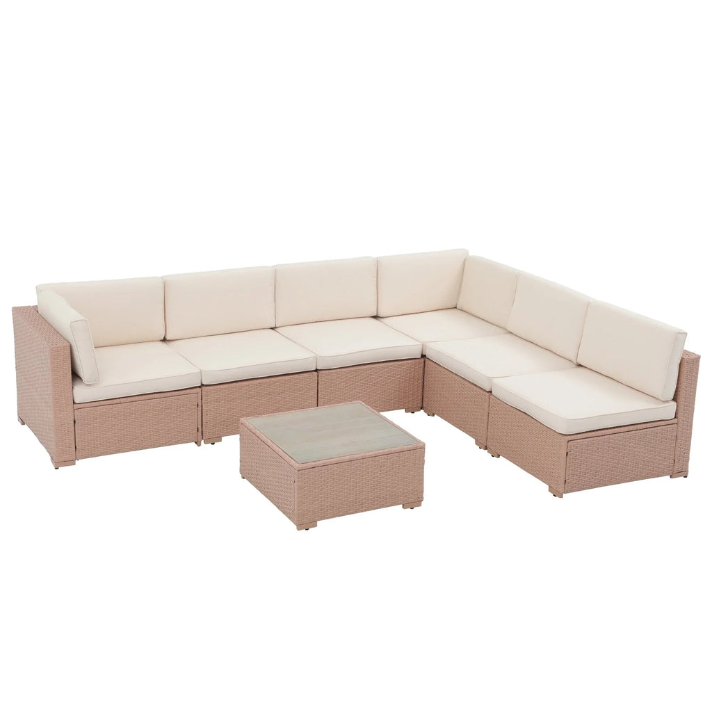 7-teiliges Outdoor-Ecksofaset aus Rattan und Stahl mit Kissen