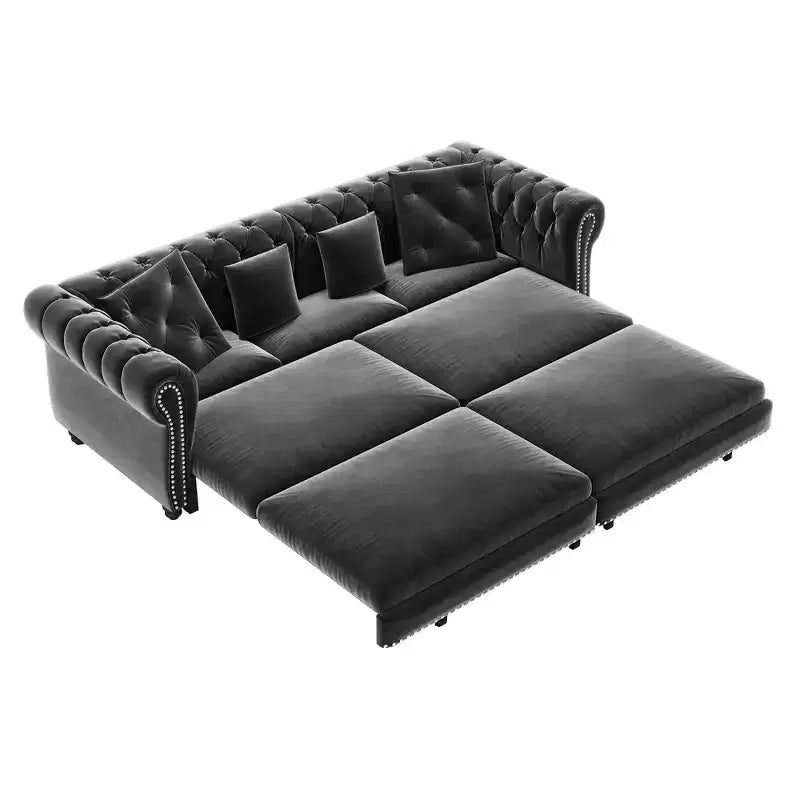 Canapé-lit convertible 3-en-1 Whisen en velours, format king size, avec pouf mobile, design capitonné
