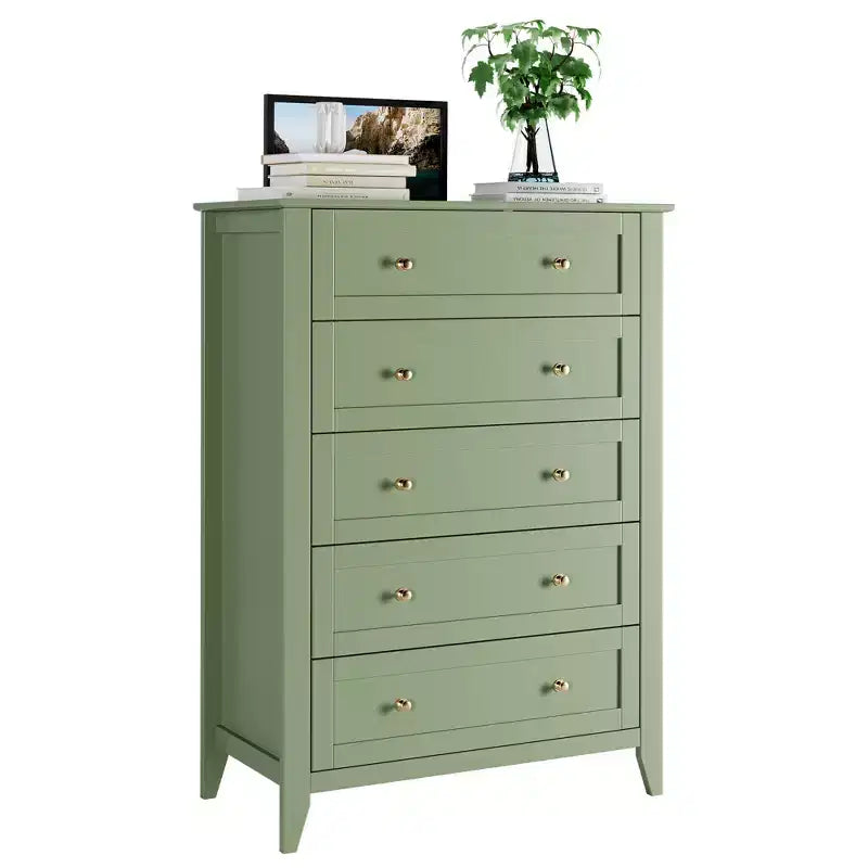Cassettiera alta 42.5 pollici con 5 cassetti per camera da letto, mobile contenitore in legno con cassetti profondi 11.9 pollici e pomelli in metallo dorato, ideale per ingresso o corridoio