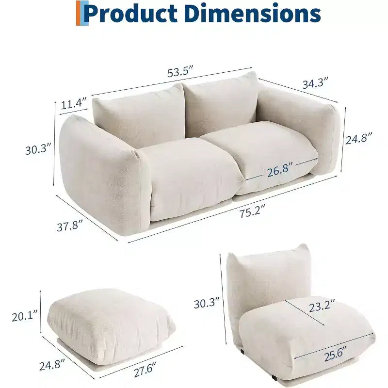 Canapé d’amour modulable en tissu chenille, canapé nuage 2 places avec mousse haute résilience, canapé sans pieds pour petits espaces