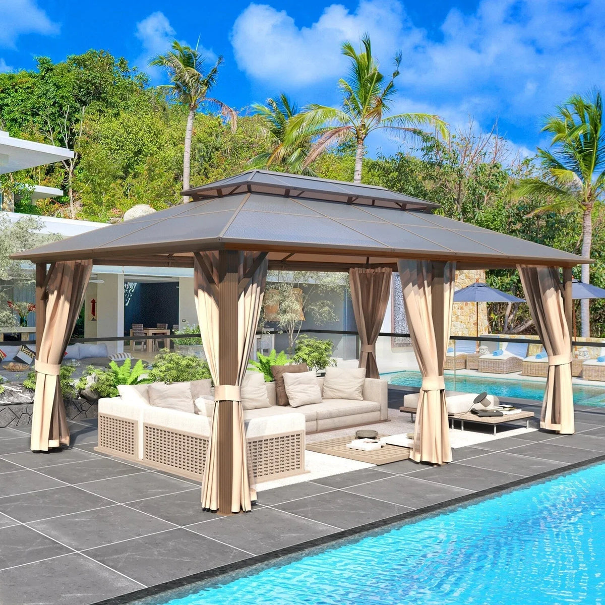 Gazebo EROMMY con tetto rigido, pergola da esterno con doppio tetto, rete e tende, copertura robusta per patio, giardino e feste in piscina