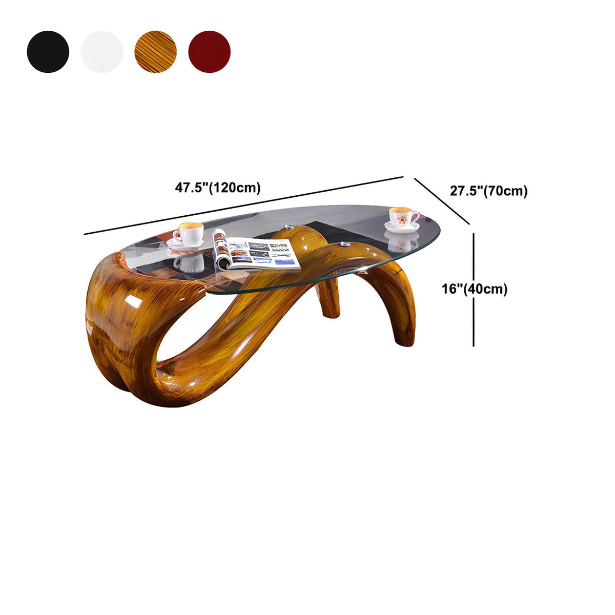 Moderner ovaler Couchtisch mit Glasplatte und Metallgestell im abstrakten Design