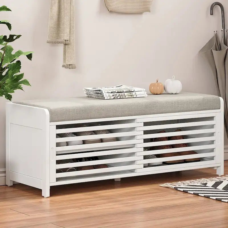 Banc de rangement en bois massif de 43.30 pouces avec persiennes vieillies contemporaines