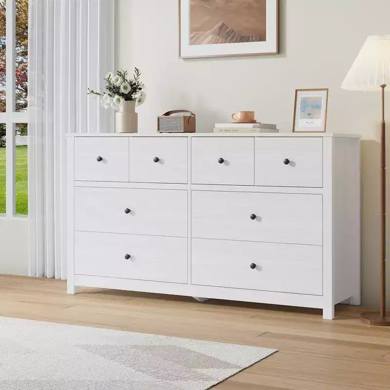 Commode moderne à 8 tiroirs pour chambre, large chiffonnier en bois avec rangement profond, meuble de rangement autoportant pour le salon