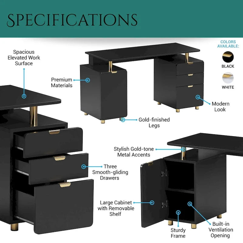 Scrivania direzionale moderna sospesa con 3 cassetti e piano di lavoro elegante