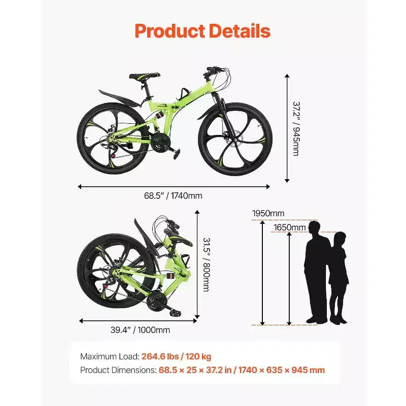 Vélo de montagne pliant de 26 avec suspension intégrale, transmission à 21 vitesses, freins à disque et cadre en acier à haute teneur en carbone pour hommes et femmes adultes