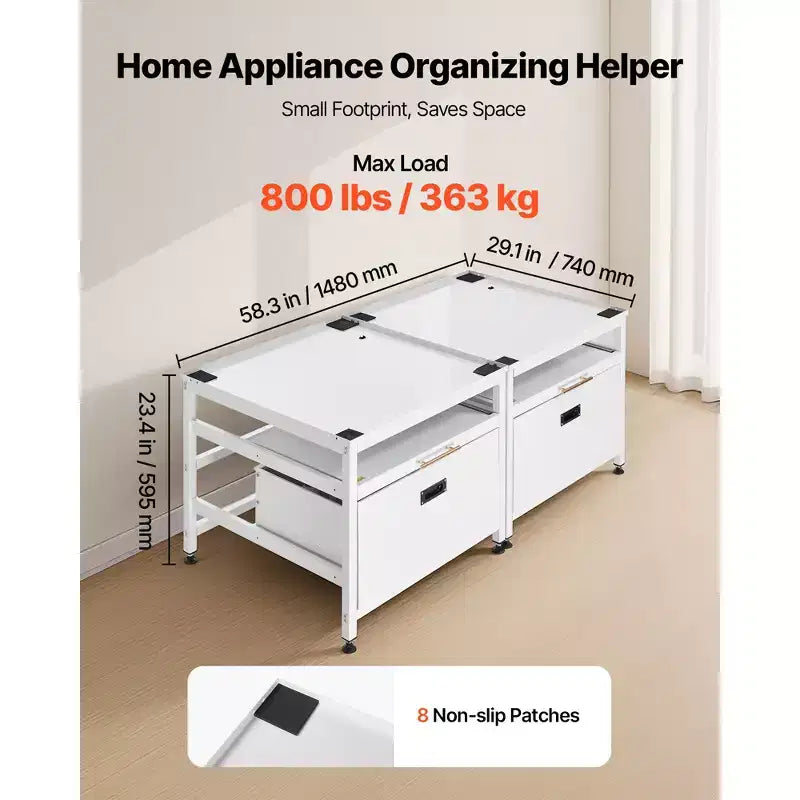 VEVOR wasmachine- en drogerverhoging, 22.6 in hoog, 29x29 in, met uitschuifbare lade en opbergruimte, draagvermogen van 800 lbs, antislip, wit