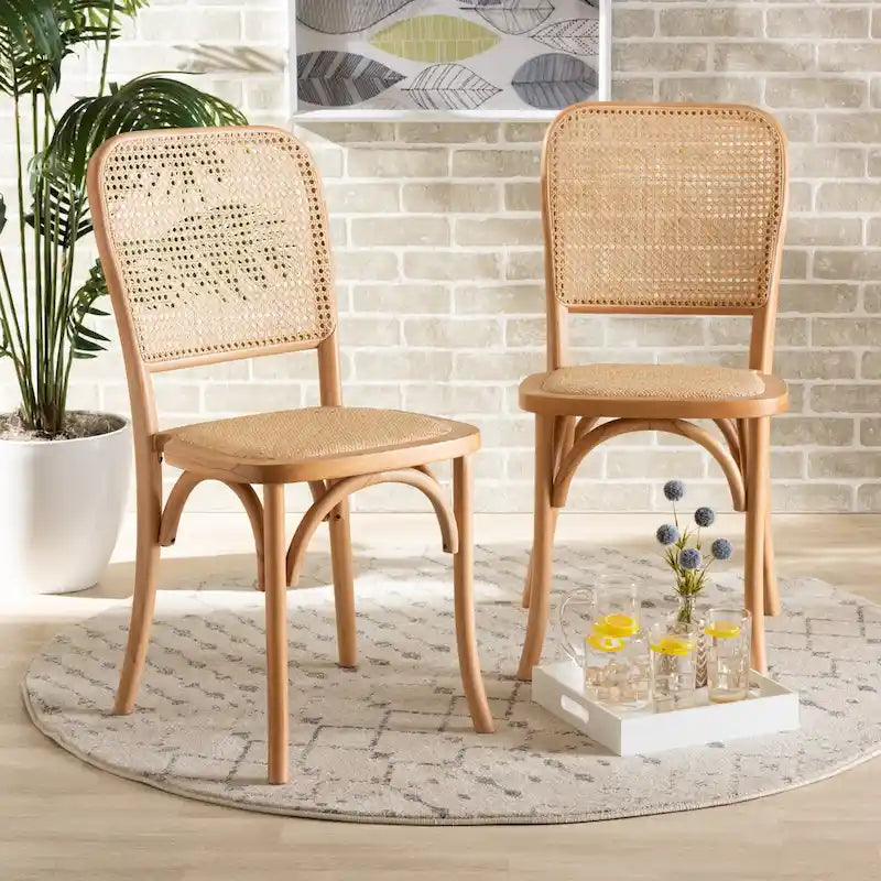 Neah, set di 2 sedie da pranzo moderne di metà secolo in legno e rattan intrecciato