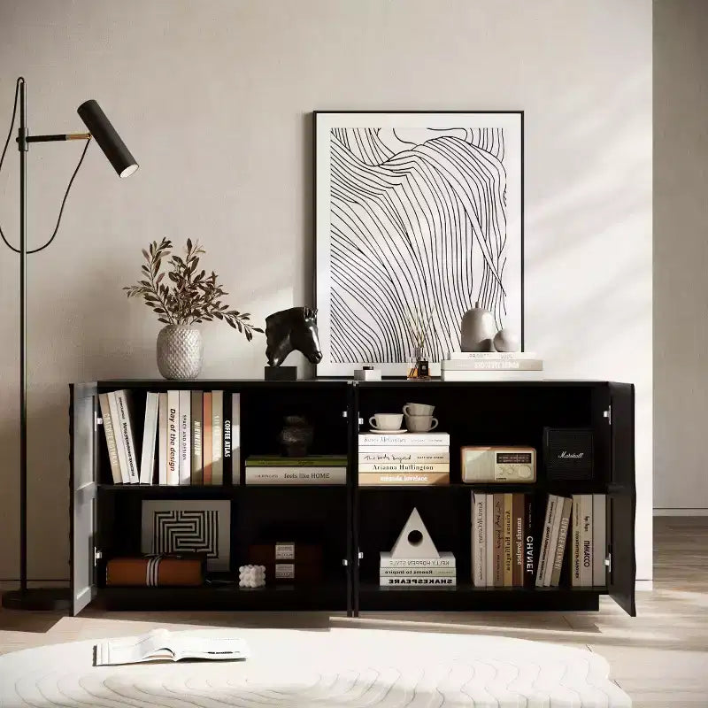 59 modern spiraalvormig dressoir, laag opbergmeubel voor de hal met deuren met 3D-ribbelstructuur