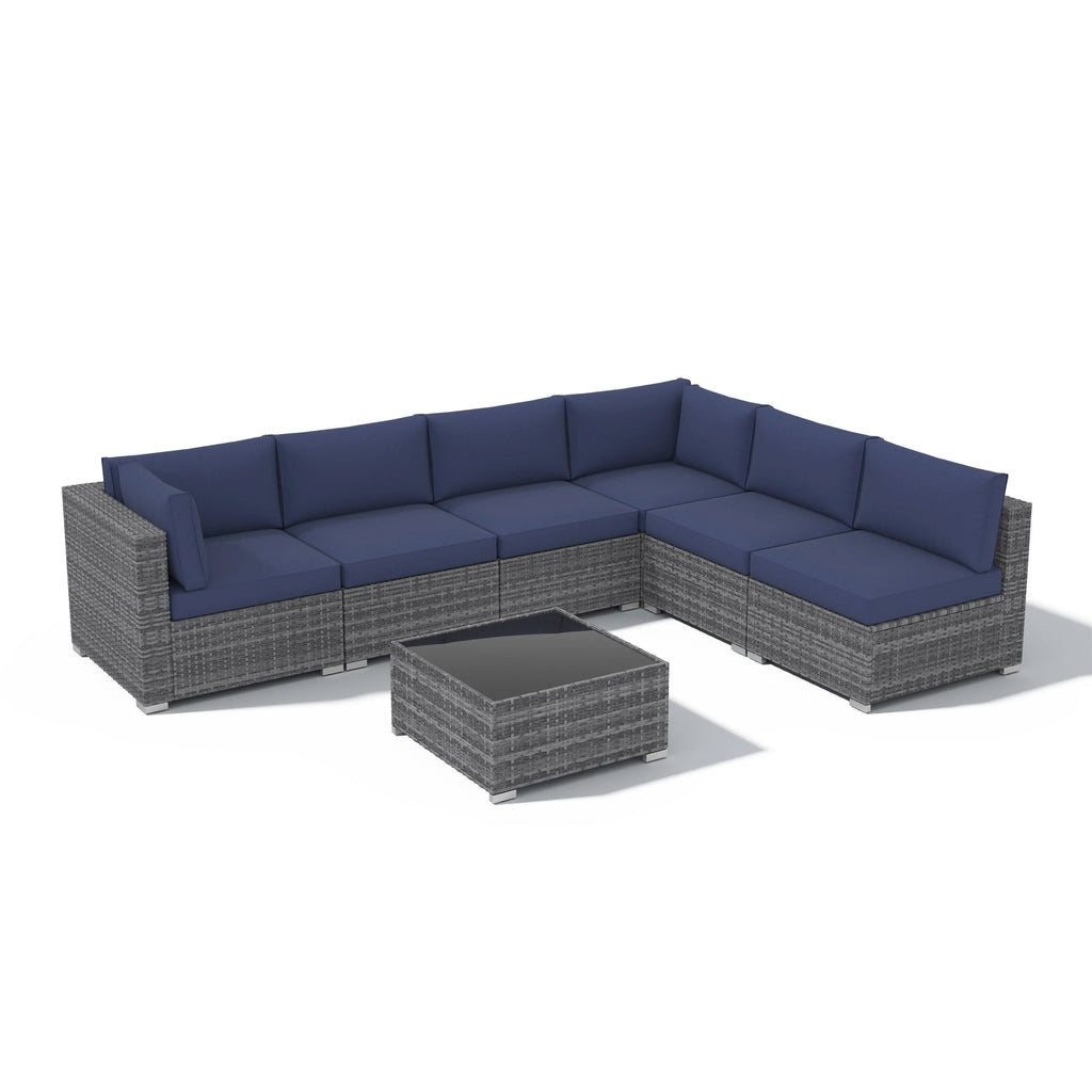 7-teiliges Outdoor-Ecksofaset aus Rattan und Stahl mit Kissen