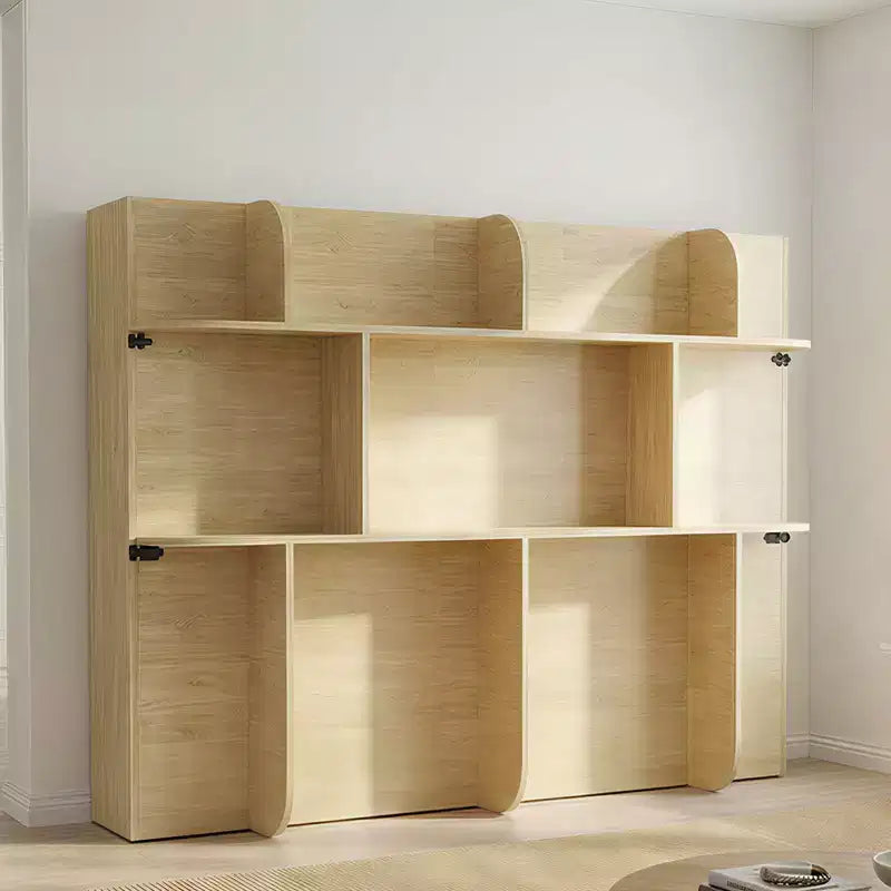 Lit escamotable invisible 2-en-1 avec étagères de rangement, grand lit, bois naturel (matelas non inclus)