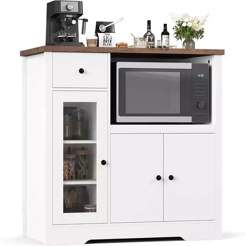 Mobile da cucina per microonde con vani contenitori, 3 ante, 1 cassetto e ripiani regolabili, dispensa