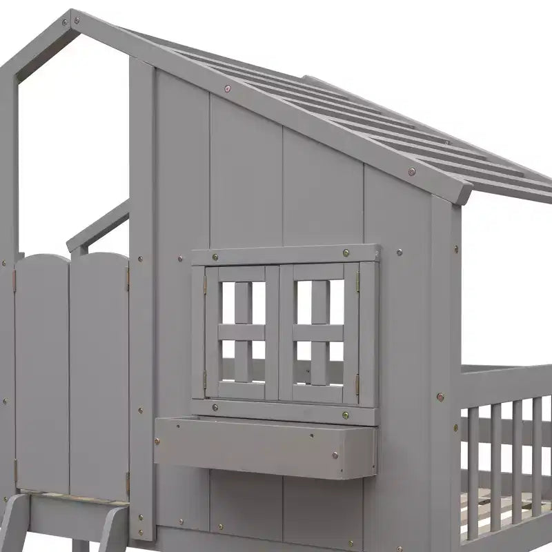 Letto a soppalco a forma di casetta per letto singolo, in legno, con scala e sponde di protezione per bambini
