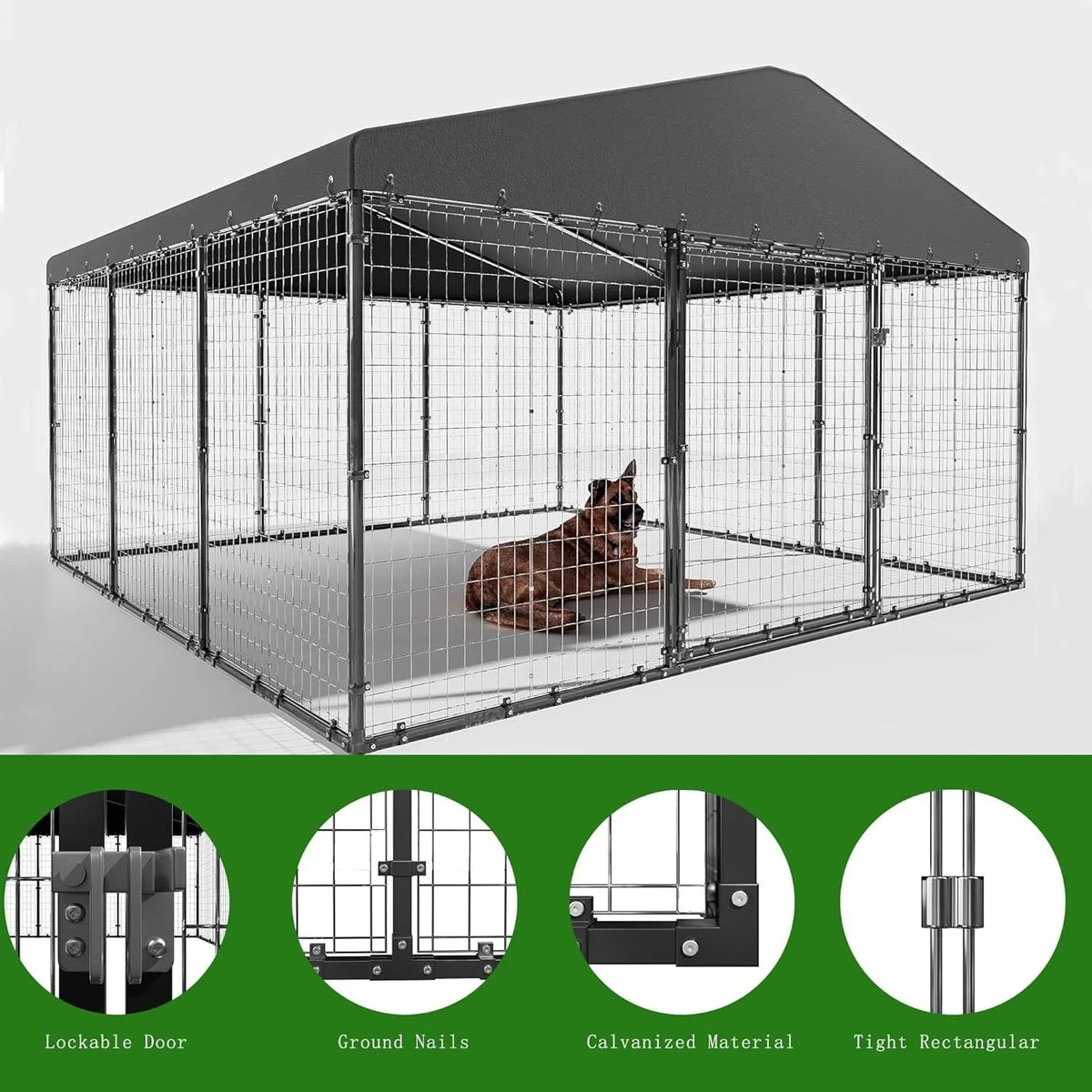 W 118 x T 118 x H 70 Große Hundehütte für den Außenbereich, robuster Hundekäfig mit wasserdichtem Dach