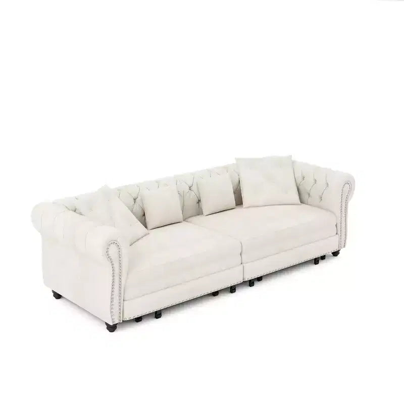 Canapé-lit convertible 3-en-1 Whisen en velours, format king size, avec pouf mobile, design capitonné