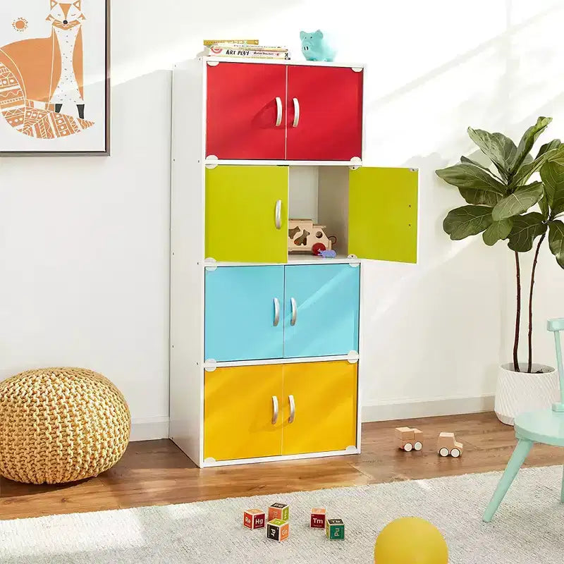 Bibliothèque-meuble de rangement fermé Hodedah HID44, robuste, avec 8 portes, à poser au sol, multifonction pour la maison et le bureau, finition bois de hêtre