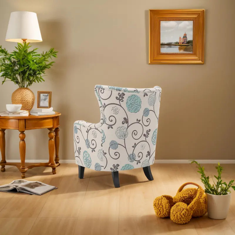 Moderner Retro-Polstersessel mit hoher Rückenlehne, 30.25 hoch, mit Holzbeinen fürs Wohnzimmer