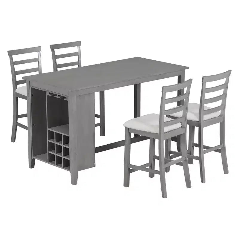 Eethoek in boerderijstijl met 5 delen en stoelen voor 4 personen op aanrechthoogte, rechthoekige houten tafel met opbergplanken en wijnvak