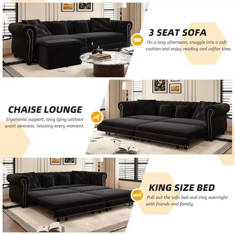 Canapé-lit convertible 3-en-1 Whisen en velours, format king size, avec pouf mobile, design capitonné