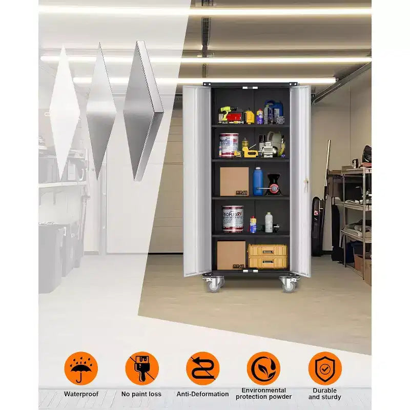 Armoire de rangement pour garage avec roulettes et panneau perforé, armoire métallique verrouillable de 72 H avec 2 portes et 4 étagères réglables pour atelier de garage